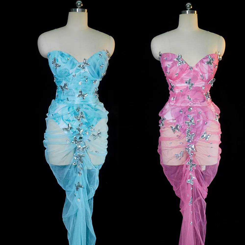 

Sexy And Elegant Rhine Stone And Butterfly Pink Rose Printed Mesh Dress Short Jumpsuit Ball Dress Birthday Stage Evening Dress
