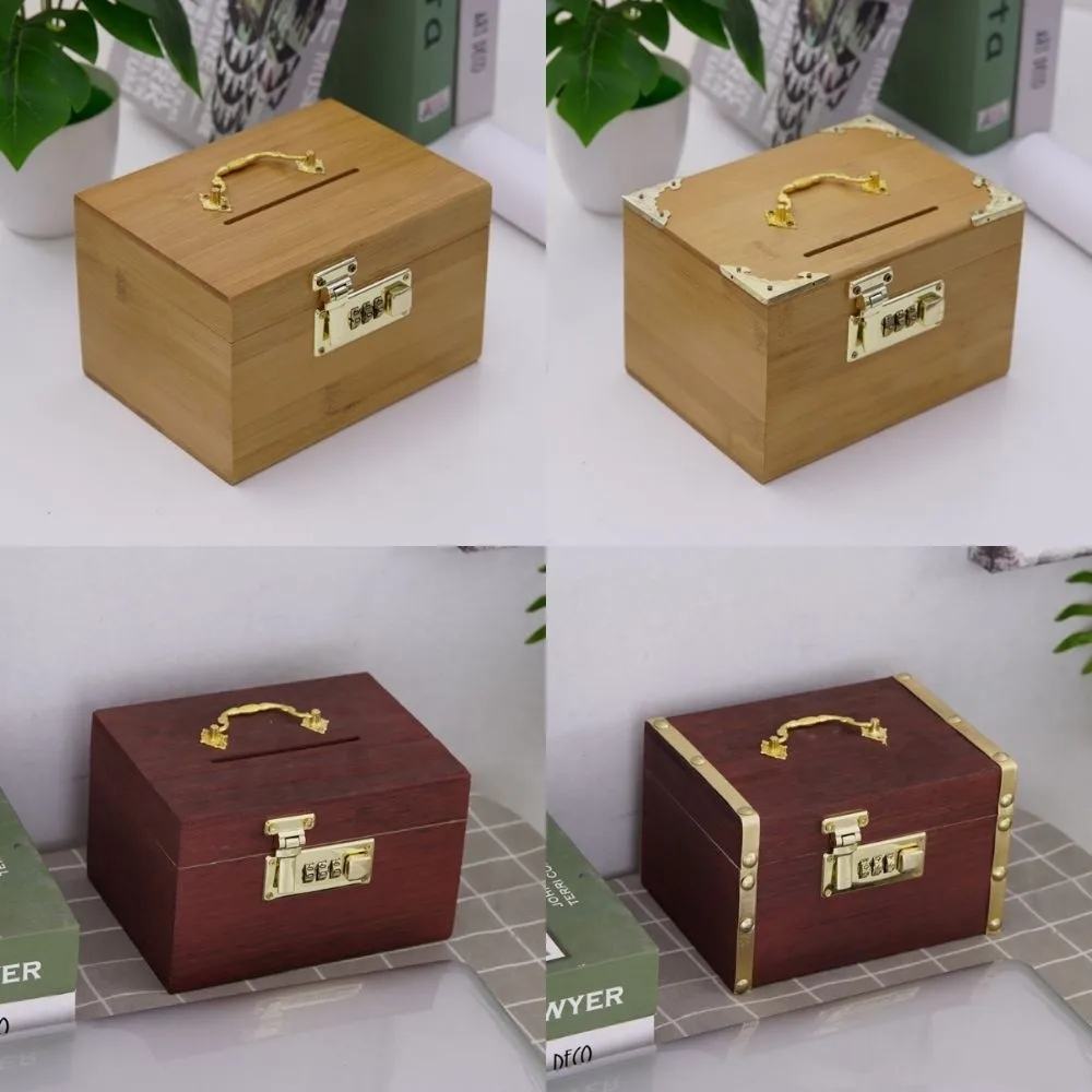 Retro Wooden Money Bank Large Capacity With Handle Piggy Bank Three-digit Password With Password Lock Treasure Storage Box