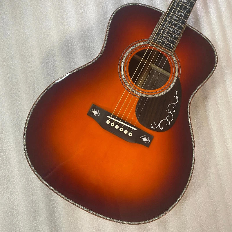 Sunburst Colour OM45 Style Acoustic Guitar Abalone Binding & Vine Inlay Solid Top Folk Guitar Free Delivery Fixed Bridge