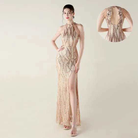 Prom Dress Women Party Long Beaded Sequin Evening Dress Halter Neck Open Back Formal Dress Mermaid Silhouette Maxi Length