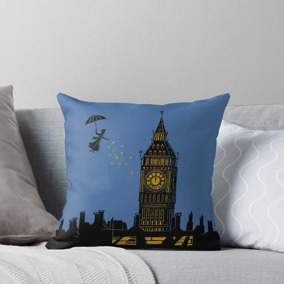 

Mary Poppins and Big Ben Linocut Silhouette Print in black, blue and gold Throw Pillow pillow cover luxury Cushions For Children