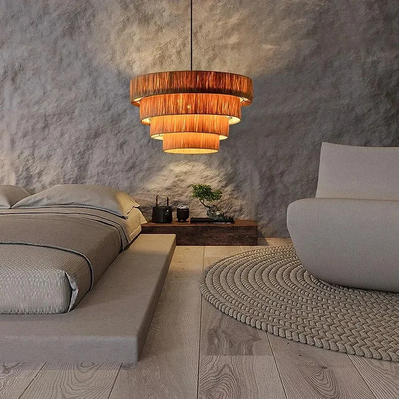 Golden Editions Designer Chandelier Woven Rattan Straw Pendant Lights Large Rattan Lighting Suspension Wabi Sabi Restaurant Lamp