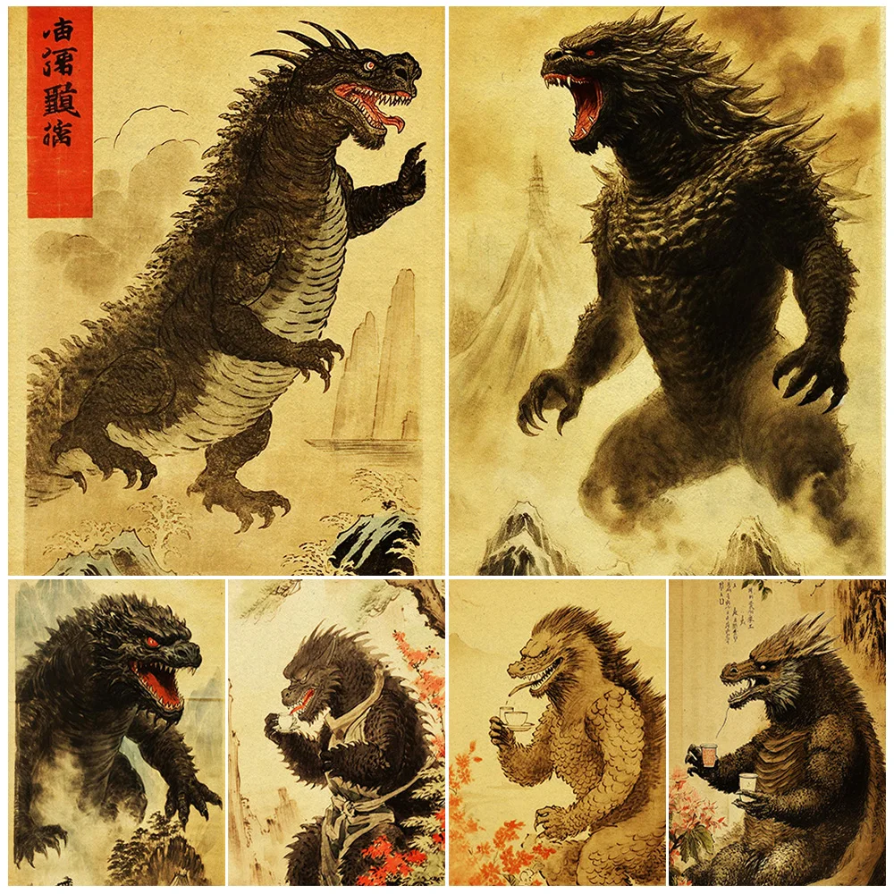 

Dragon Having Afternoon Tea,Vintage Wall Art,Canvas Painting,Laid Back Monster,Gothic Art Poster Print,For Living Room Decor