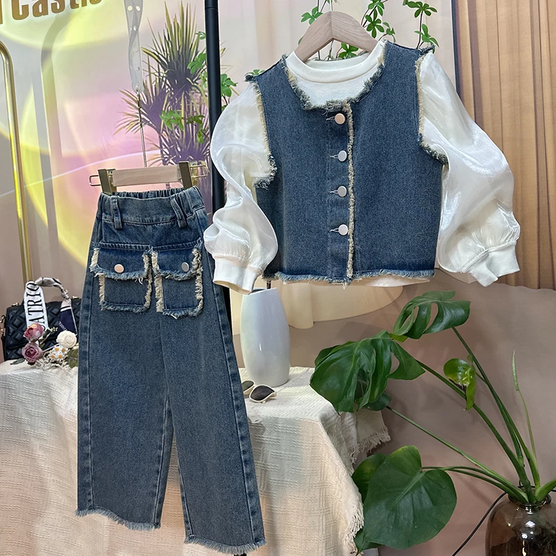 conjunto para meninas Cowboy vest+bubble sleeve shirt+wide leg pants 3pcs teen girls clothes set child outfits kids jeans suit