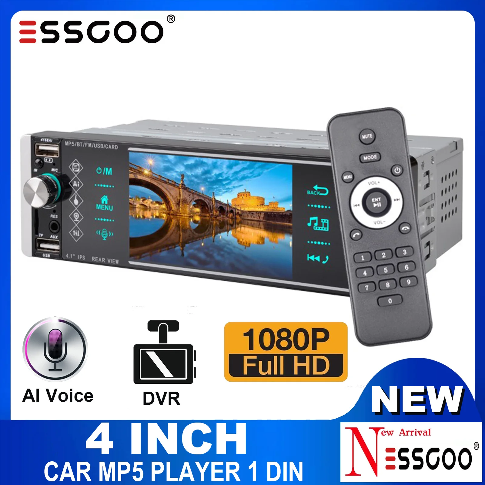 

ESSGOO Car MP5 1 Din 4 Inch Touch Screen Intelligent AI Voice Car Radio BT Hand-free Call FM Mirror Link Autoradio Car Stereo