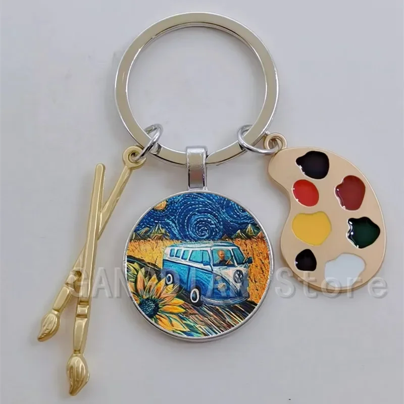 Drip oil palette accessories starry sky illustration, Van Gogh starry sky retro art Van Gogh sunflower aesthetic keychain gift