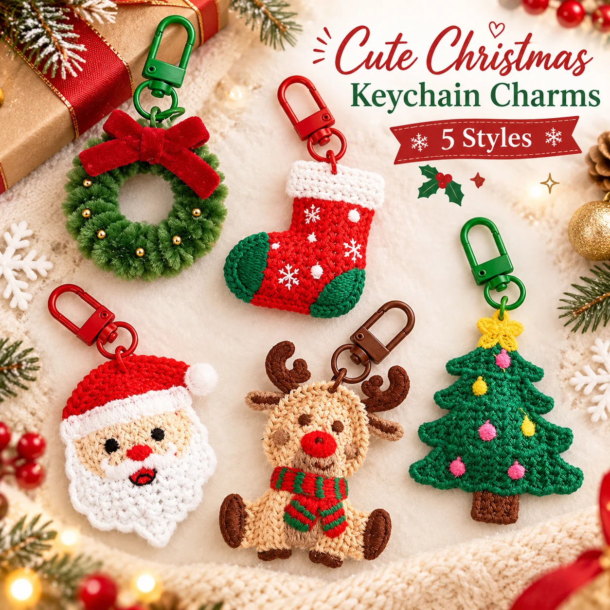 Cute Cartoon Christmas Pendant Bow Green Mini Wreath Keychain New Year Gift Bag Pendant Christmas Brooch Car Key Pendant