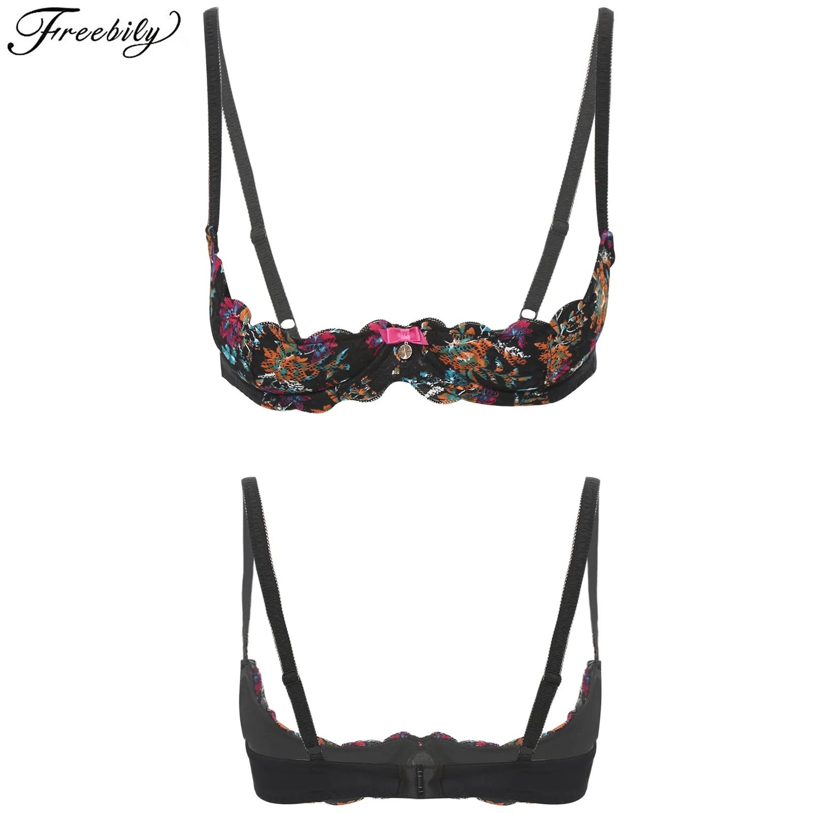 

Womens Sexy Floral Lace Bra 1/4 Cup Underwire Bra 2cm Thick Padded Push Up Balconette Brassiere Tops Tempting Bra Lingerie