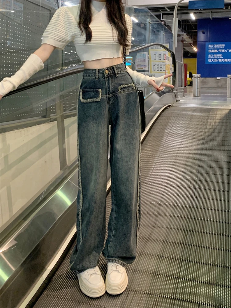 Design sense denim jeans women in autumn and winter high waist slimming and versatile wide leg straight leg floor pants