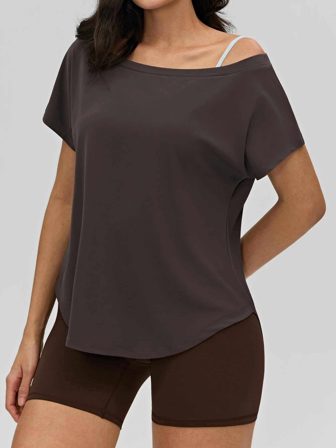 Women's Off Shoulder Loose Short Sleeve Yoga Top, Casual Drop Shoulder Curved Hem Athletic Workout T-Shirt