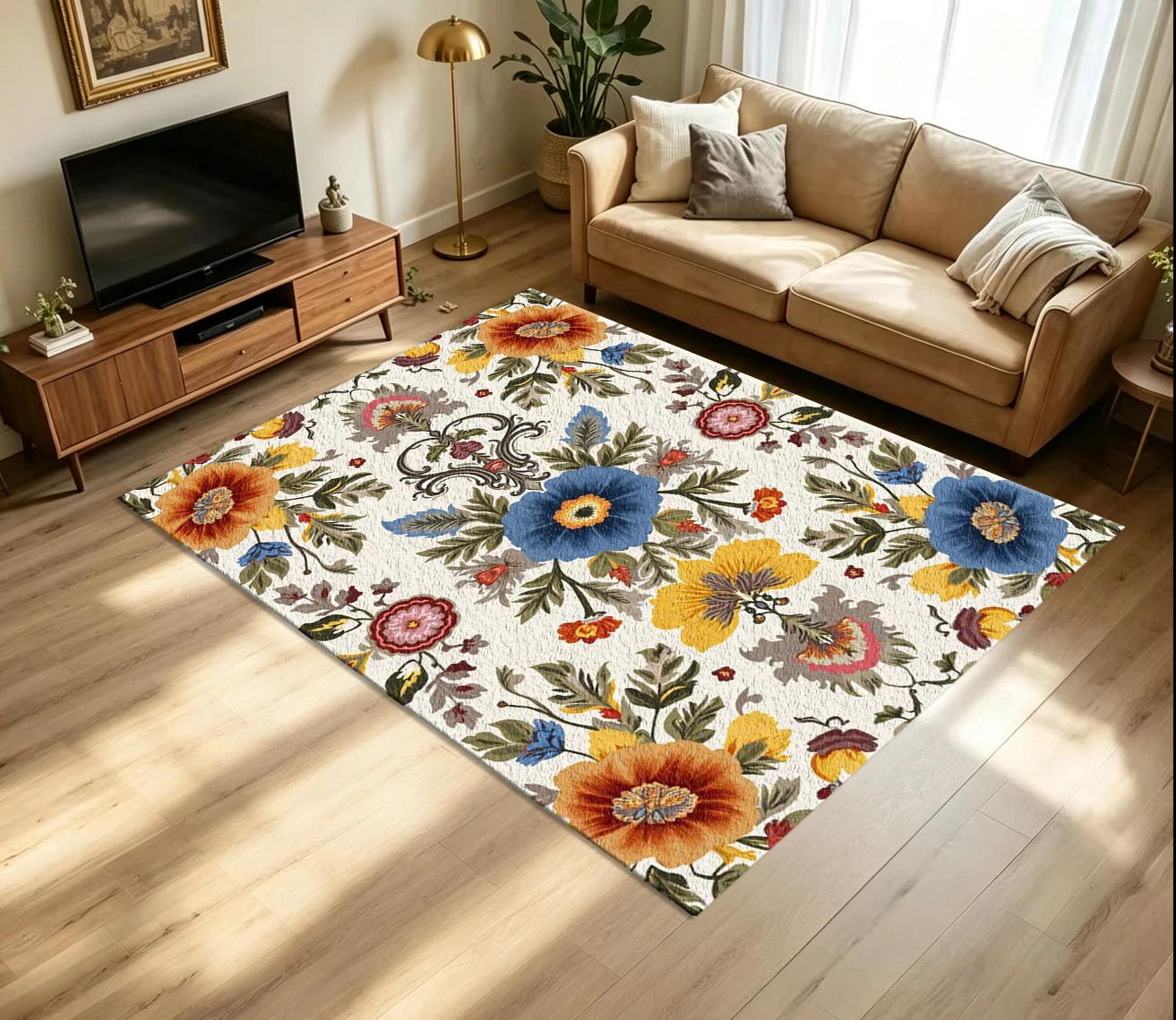 Boho Retro Symmetrical Floral Carpet Flooring Vintage Colorful Peony Botanical Ornament Art Pattern Printed Floor Rug for Household Indoor Bohemian Style Home Decor