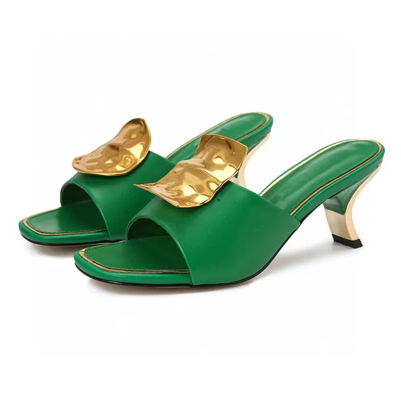 Gold Metal Decor Gladiator Sandals Woman Open Toe Black Green Brown Leather Strange High Heel Shoes Lady Sexy Muller Slippers image 3