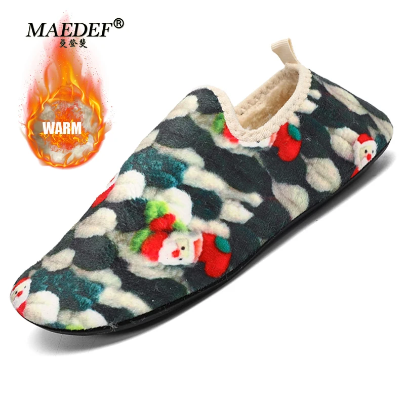 MAEDEF Men Winter Warm Indoor Slip-on Cotton Shoes Christmas Gift for Men Women Plush Slides Soft Home Shoes Leisure Flats Shoes