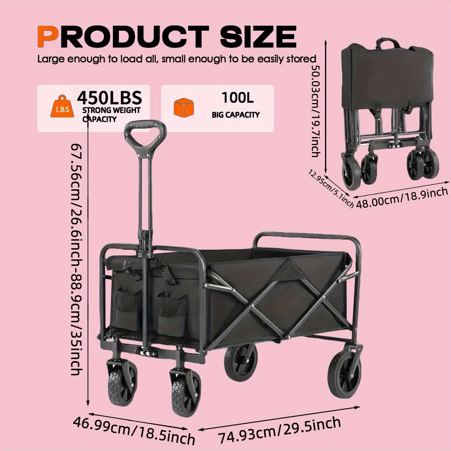 450/330/220LBS Heavy Duty Large Capacity Folding Cart with Stainless Steel Frame And 600D Oxford Cloth Black All Terrain Multi-Purpose for Camping Gardening Beach Shopping No Assembly Required