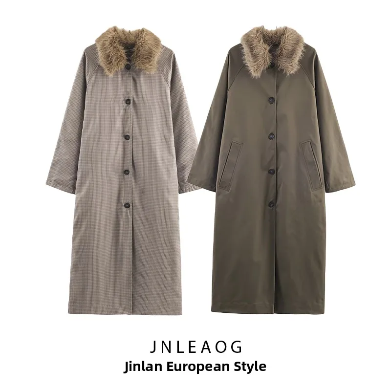 

JNLEAOG Double-Sided Wear Artificial Fur Collar Autumn New Women's Coat Sli Commute Straight Cut Long Sve Midi Coat