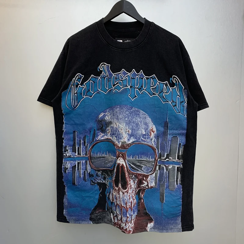 

American High Street God Speed Tshirt Skull Short Sleeve Hip Hop Couple Instagram High Street Dark Rock T-shirt Men Women