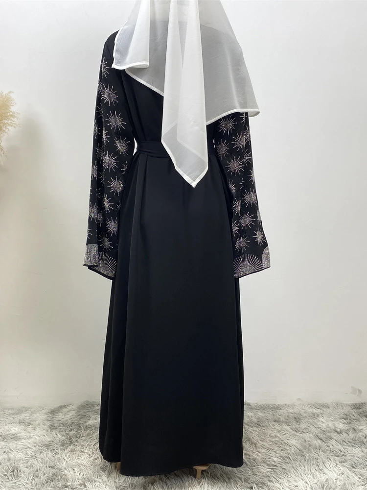 Eid Muslim Party Abaya for Women Ramadan Cardigan Diamond Beading Long Dress Kaftan Vestidos Largos Dubai Robe Jalabiya 2024