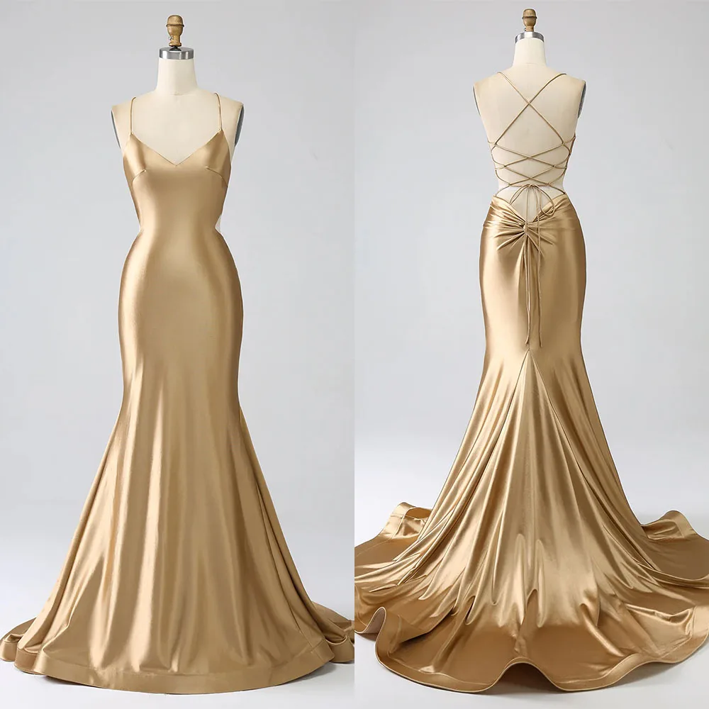 

High Quality Customized V-neck Thin Suspender Gold Sleeveless Mermaid Woman Evening Dresses for Woman Wedding Guest فستان احمر
