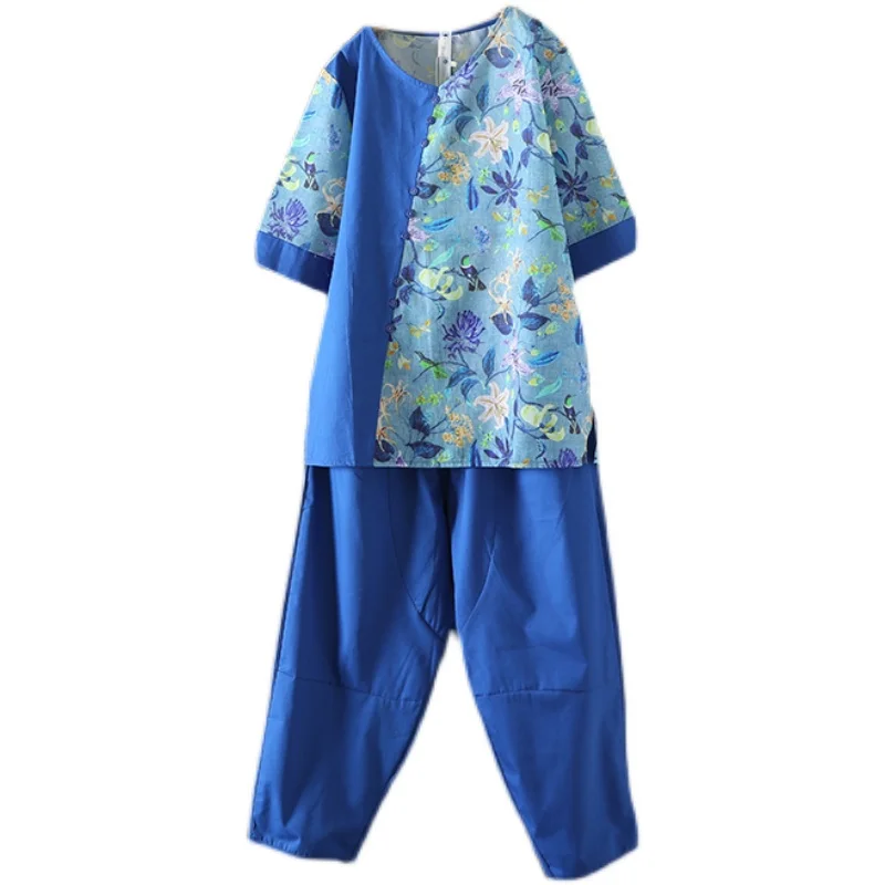 Faionable Katoen Linnen Zevenpunts Harlan Broek En Ort-Sve T-shirt Set Ronde Ne Splice Kleur Gedrukt Losse Pasvorm