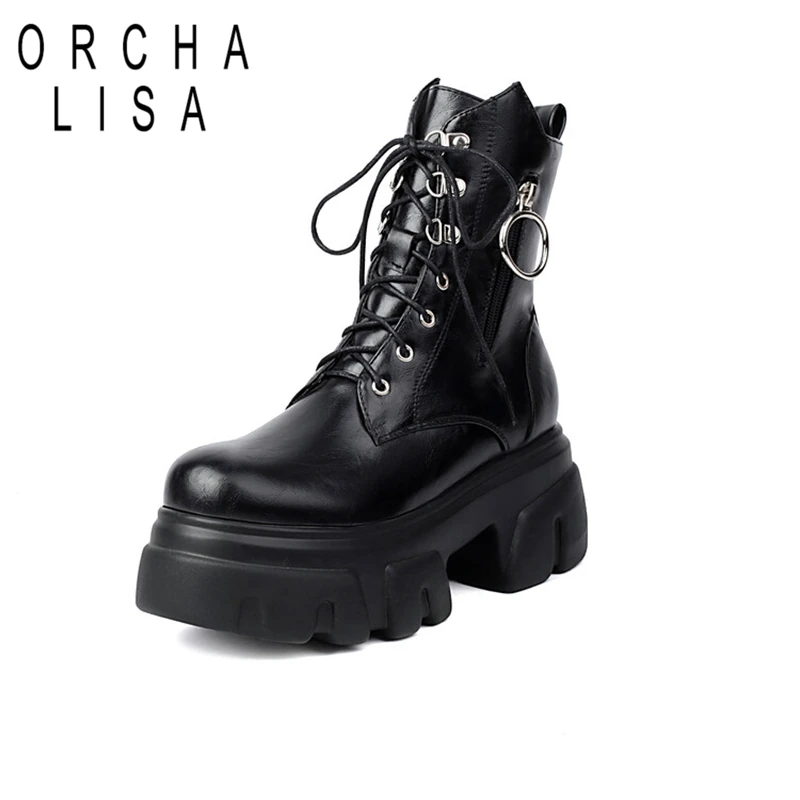 

ORCHALISA Punk 8cm Heel 5.5cm Platform Mortorcycle Boots Ankle Autumn Winter Strap Up Zip Cool Antislip Shoes Big Size 42 43 44