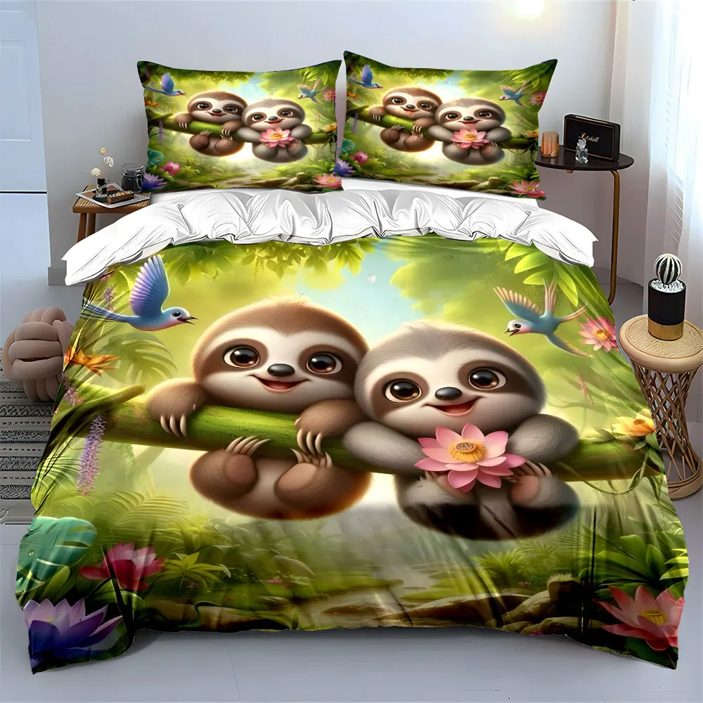 Adorable sloths smiling in lush forest Print Bedding Set 1Duvet Cover 2Pillowcases for Adult and Children Luxury Gift Full Size