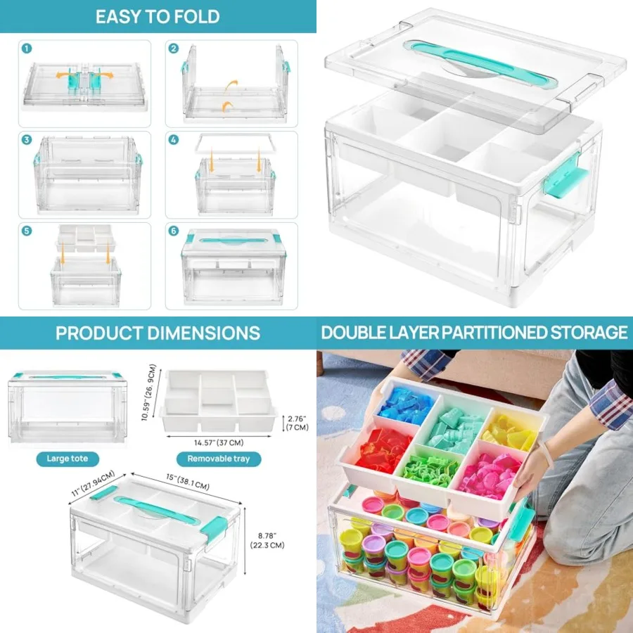 

Прозрачный пластиковый органайзер для рукоделия на 24 кварты со съемными лотками и разделителями, коробка для хранения раскрасок, формочек для лепки и арт-материалов