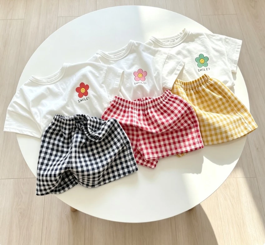 Kids Summer Cotton 2Piece Outfit Set Flower Print Baby Infant Short Sleeve T-Shirt And Plaid Shorts Children Popular Short Suits