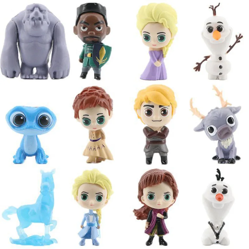 12Pcs Disney Frozen 2 Kawaii Elsa Anna Kristoff Olaf Fire Elves Action Figure Mini Model Hot Ornament Toys Girls Birthday Gifts