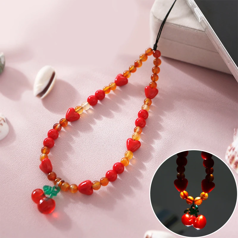 Agate Red Heart Beaded Phone Chain Cherry Mobile Phone Lanyard Wrist Strap Keychain Anti-Lost Camera Pendant Cellphone Straps