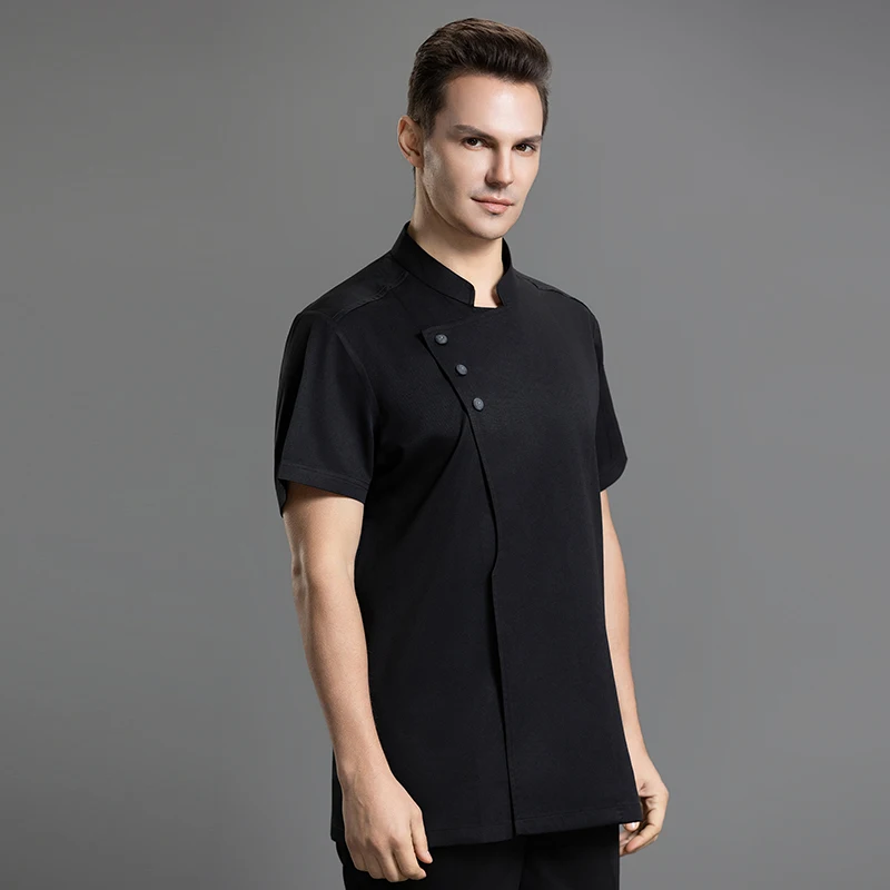 Abrigo de cocina para hombre y mujer, ropa de Chef de manga corta, ropa de trabajo para Hotel, camisa de cocinero, chaqueta de servicio de comida, uniforme de restaurante