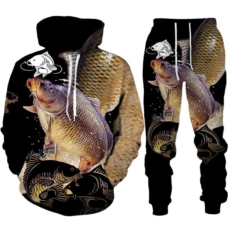 Setelan pakaian memancing ikan karper, setelan Hoodie dan pakaian jalanan Harajuku motif 3D kasual luar ruangan memancing berburu berkemah