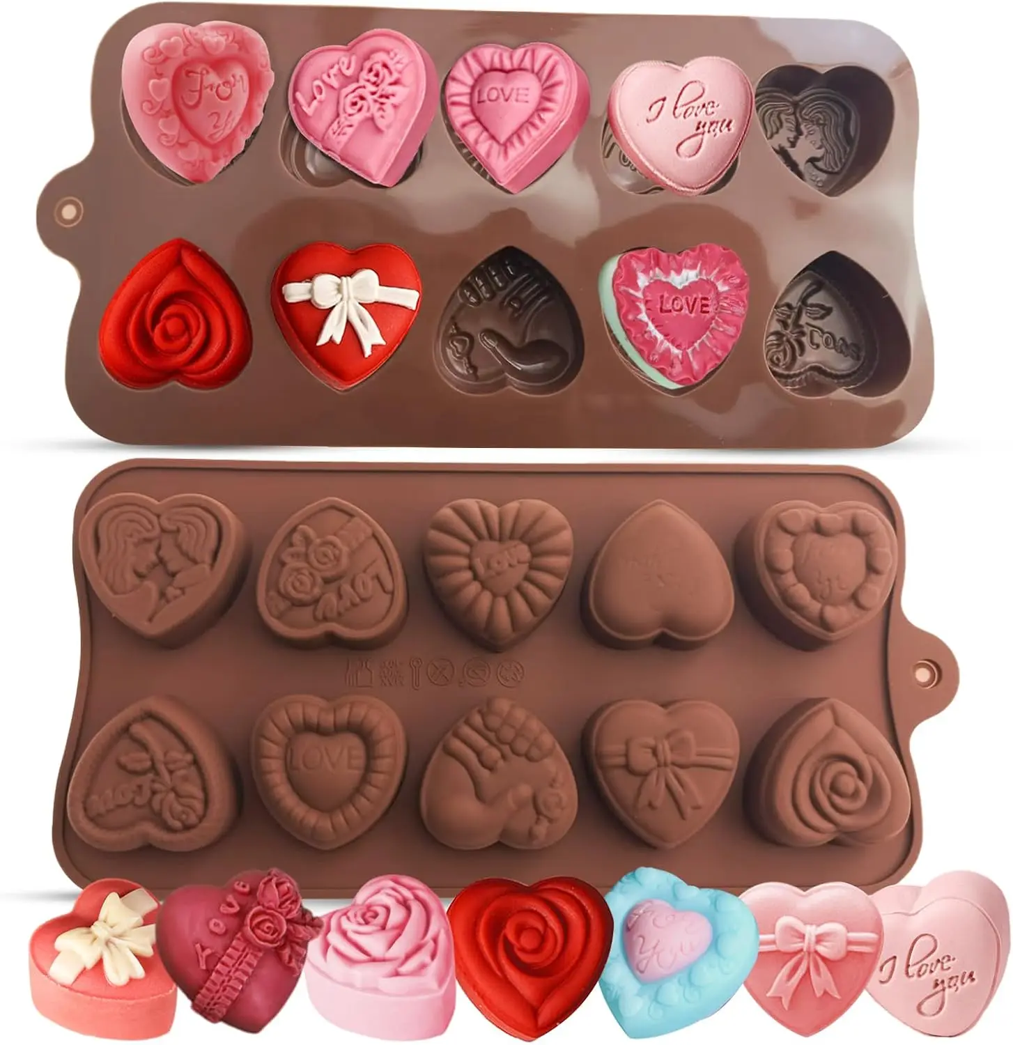 Heart Chocolate Molds 10-Design Love Rose Silicone Molds Non-Stick Baking Molds for DIY Chocolate, Candy, Gummy, Ice Cubes