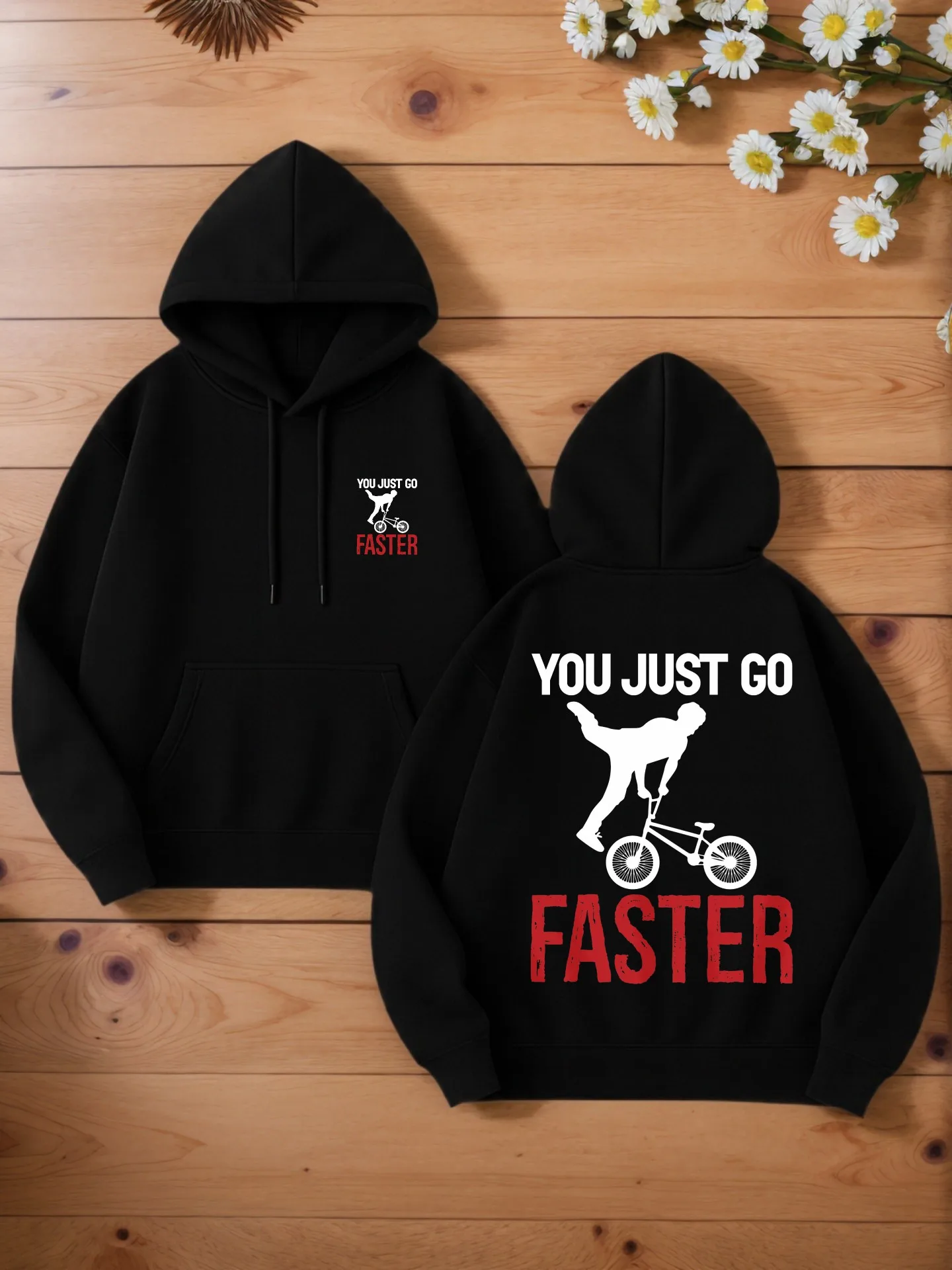 هوديي جرافيك للرجال، نمط ملابس الشارع، مزيج القطن، طباعة You Just Go أسرع، للارتداء اليومي، للشباب