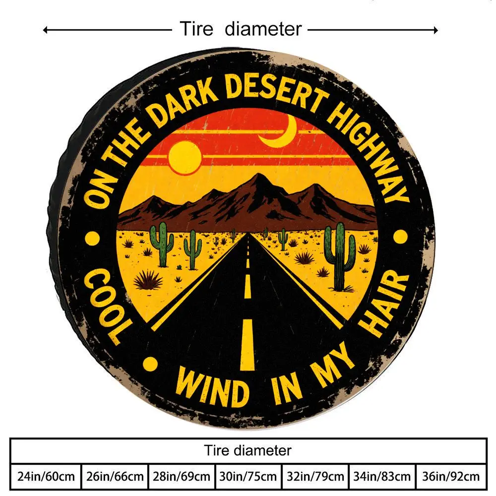 Vintage Route 66 Desert Highway Tire Cover With Off-Road Wheel Design & Cactus Print - Heavy-Duty Polyester Spare Tire Protector