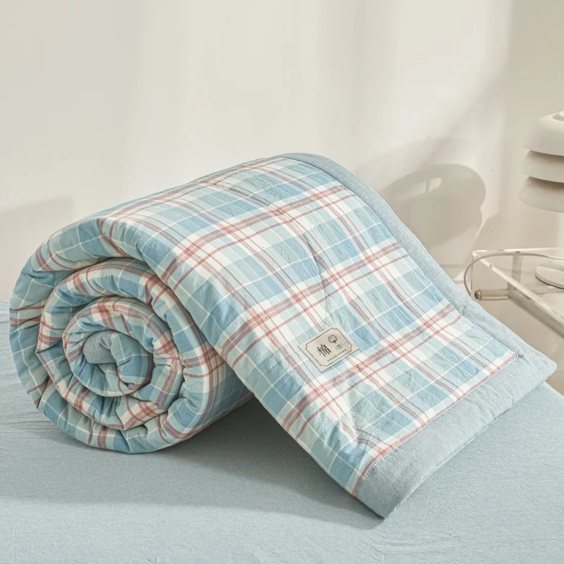 All Cotton Quilted Comforter without Cover 100% Cotton Summer Blanket Washable Plaid Quilt Soft Duvet for Single Twin Queen Bed