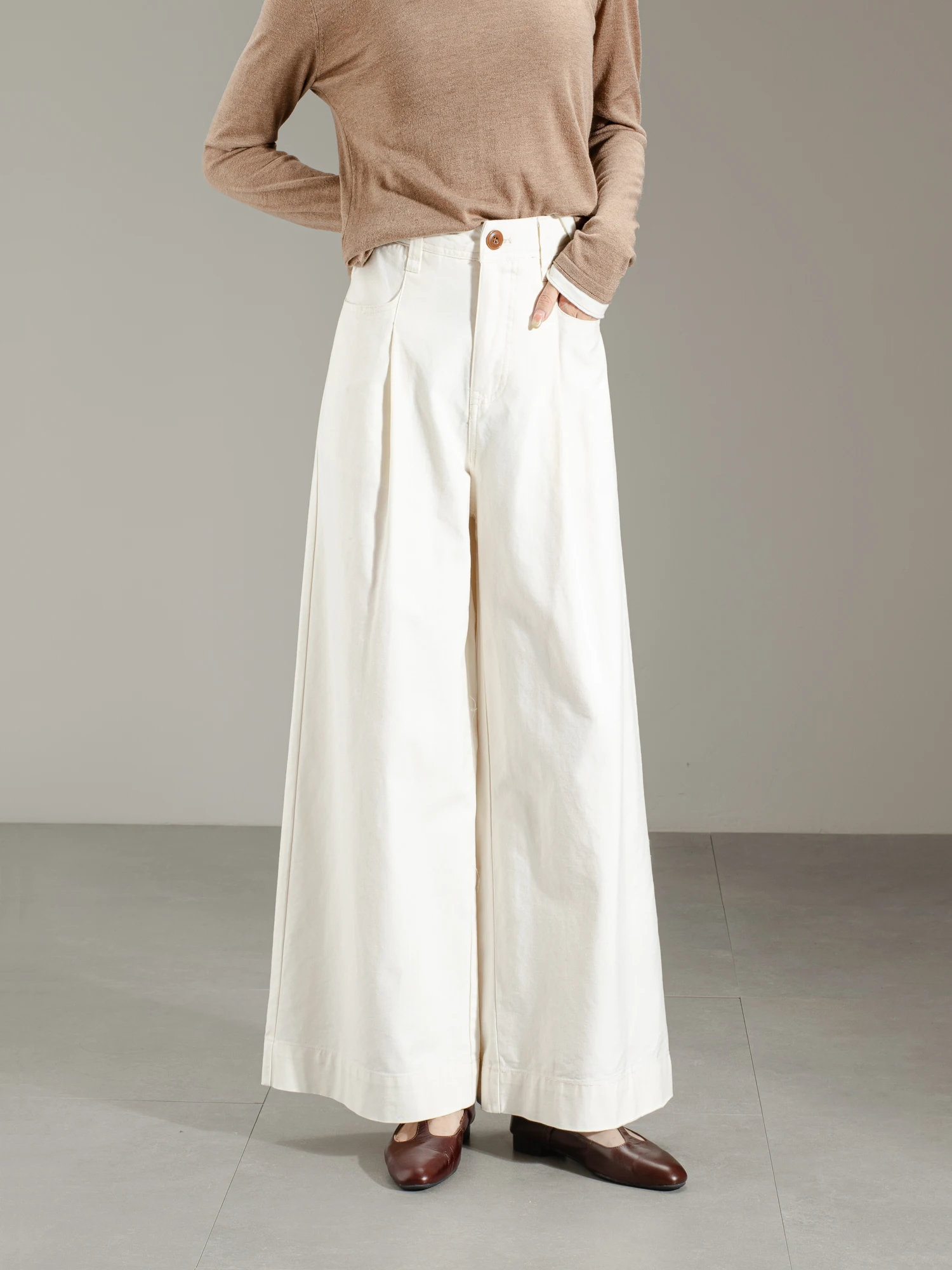 

Ретро-корейские брюки с высокой талией и широкими штанинами, повседневные женские брюки свободного прямого кроя светло-бежевого цвета для весны и осени