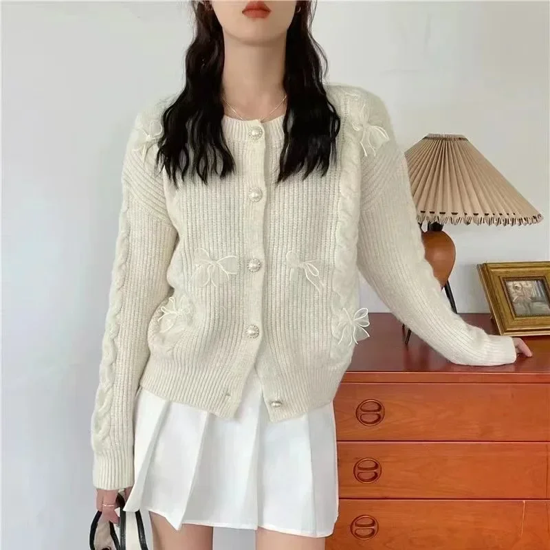 Gagarich Korean Round Neck College Sweater Women 2024 Autumn Winter New Gentle Western-style Butterfly Bow Ribbon Knit Cardigan