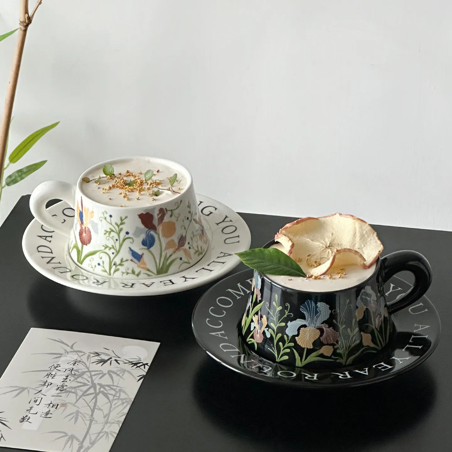 Retro Iris Flower Ceramic Mug 300ml Coffee Latte Cup Saucer Set Home Office Light Luxury Drinking Cup Daily Tea Milk Drinkware