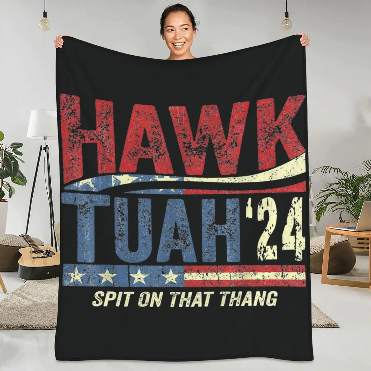 Soft Blanket Travel Hawk Tuah Spit On That Thang Viral Election Parody Throw Blanket Distressed Flannel Bedspread Bed Cover