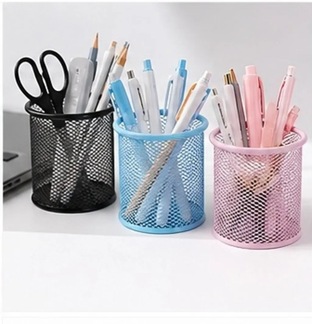 3Pcs Metal Pencil Holder Round Iron Mesh Desktop Organizer for Pens Pencils Erasers Scissors Rulers Stationery Container