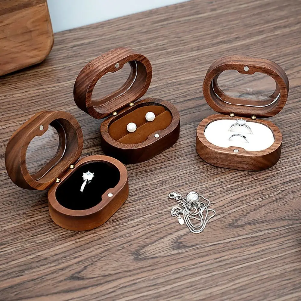 Joyero ovalado de madera para mujer, caja de exhibición de anillo para compromiso, boda, parejas, soporte de almacenamiento, caja de cuentas de regalo de amor