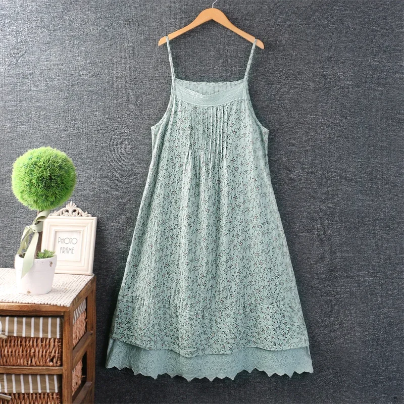 Japan Style Mori Girl Sweet Floral Print Lace Slip Dress Women Spaghtti Strap Casual Loose Vintage Cotton Dresses