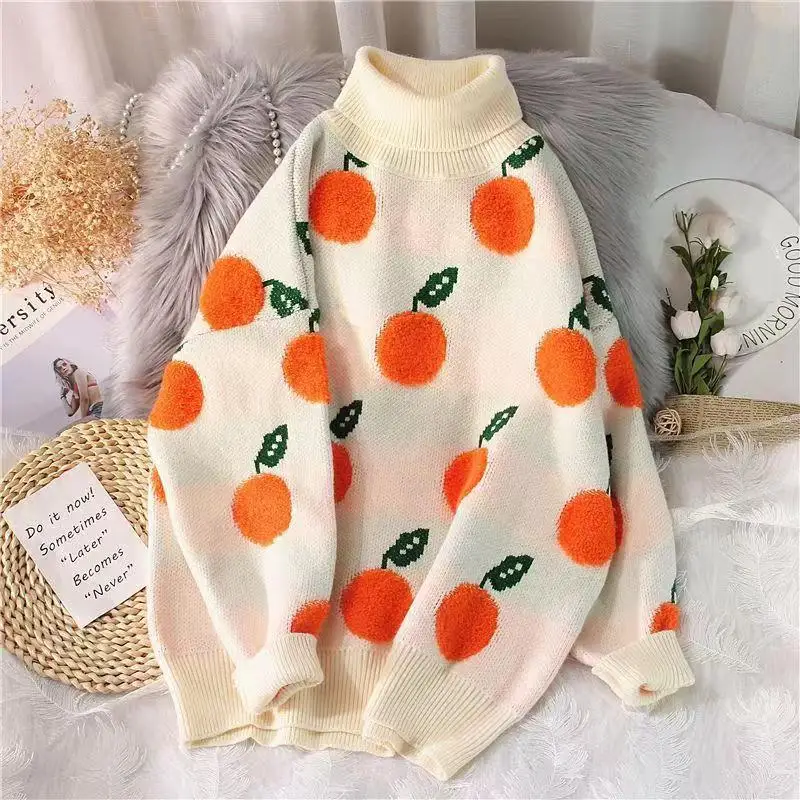 DAYIFUN Women Orange Embroidery Sweater Contrast Color Long Sleeve Turtleneck Knit Pullovers Female Autumn Fashion Loose Jumpers