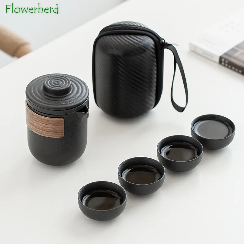 Ceramic Kung Fu Tea Set with Travel Bag Teaware Porcelain Tea Pot and Cup Set Chinese Portable One Teapot and Four Cups