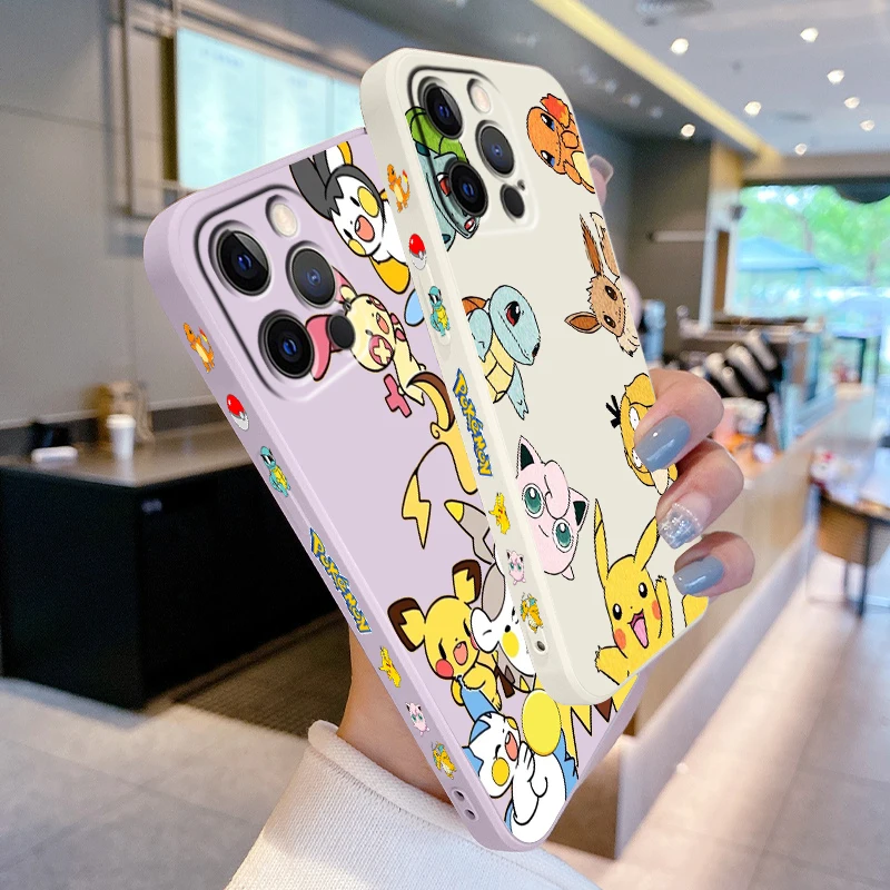 P-Poke M-mon Cute Cartoon Liquid Left Rope For Apple iPhone 15 14 13 12 11 XS XR X 8 7 SE Pro Max Plus Mini TPU Phone Case