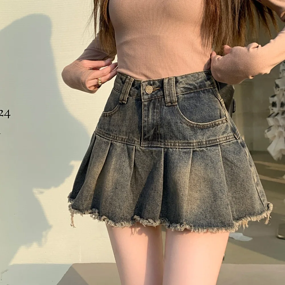 

Denim Cloth Retro Ruffled Skirt New Solid Color Summer Skirt Cowboy Skirt