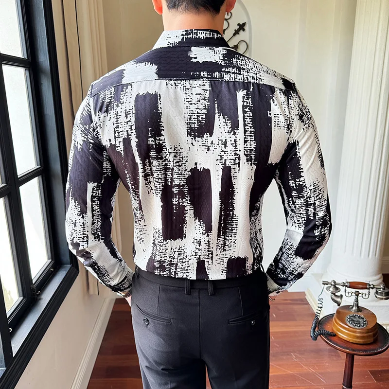 Korean Vintage Printed Shirt Men Summer Long Sleeve Slim Fit Casual Shirts Social Party Tuxedo Blouse Streetwear Men Clothing