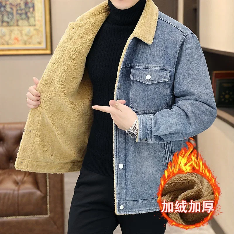 high quality winter denim jacket and coat for men plush lining big size new 2023 causal outerwear clothing - black blue