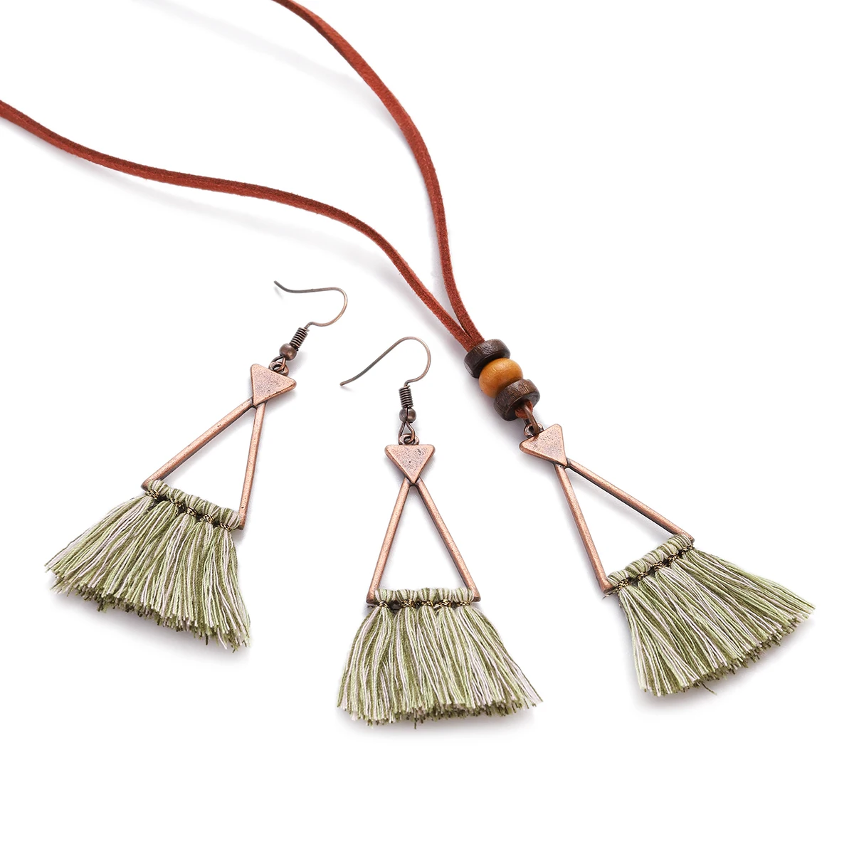 Vintage Boho Ethnic Geometric Triangular Tassels Earring Necklace Sets for Women Long Dangle Earrings Female  Party Jewelry