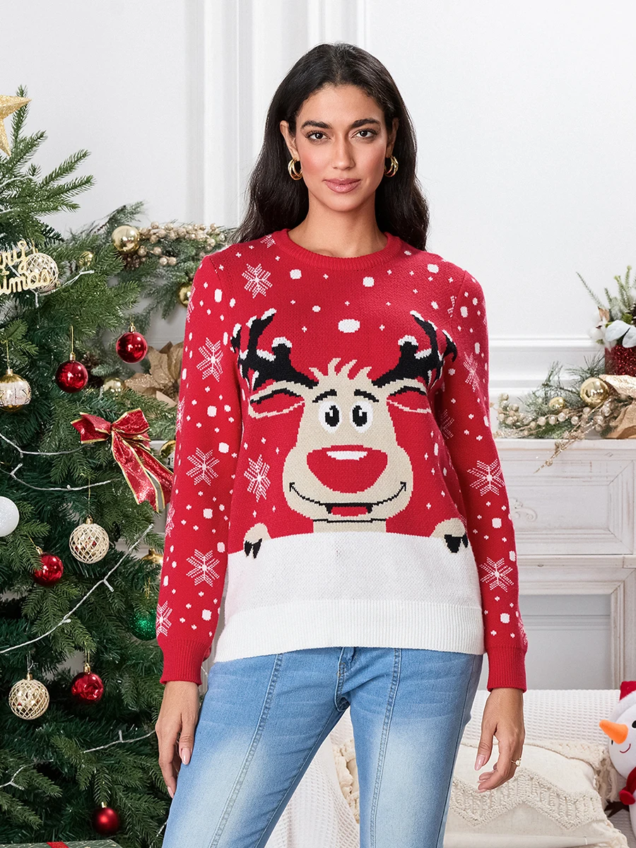 Family Matching Christmas Sweater Knitted Loose Reindeer Print Crew Neck Long Sleeve Pullover Tops Fall Winter Warm Knitwear